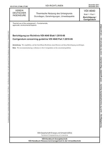 Produktabbildung: Thermische Nutzung des Untergrunds - Grundlagen, Genehmigungen, Umweltaspekte, Berichtigung zur Richtlinie VDI 4640 Blatt 1:2010-06