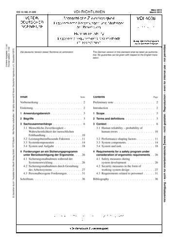 Produktabbildung: Menschliche Zuverlässigkeit - Ergonomische Forderungen und Methoden der Bewertung