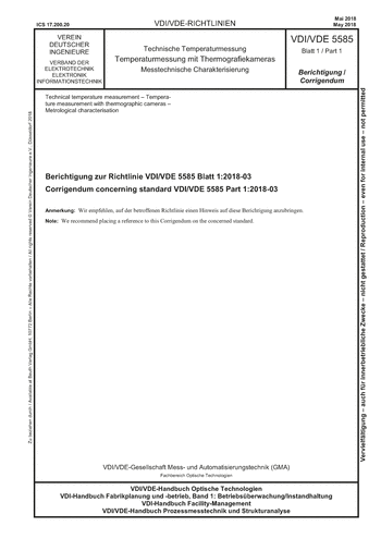 Produktabbildung: Technische Temperaturmessung - Temperaturmessung mit Thermografiekameras - Messtechnische Charakterisierung - Berichtigung zur Richtlinie VDI 5585 Blatt 1:2018-03