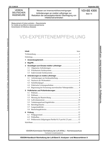 Produktabbildung: Messen von Innenraumluftverunreinigungen - Anforderungen an mobile Luftreiniger zur Reduktion der aerosolgebundenen Übertragung von Infektionskrankheiten