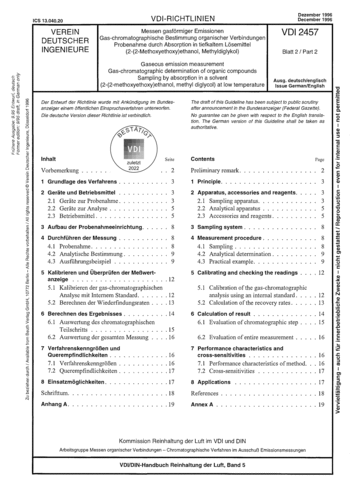 Produktabbildung: Messen gasförmiger Emissionen - Gas-chromatographische Bestimmung organischer Verbindungen - Probenahme durch Absorption in tiefkaltem Lösemittel (2-(2-Methoxyethoxy)ethanol, Methyldiglykol)