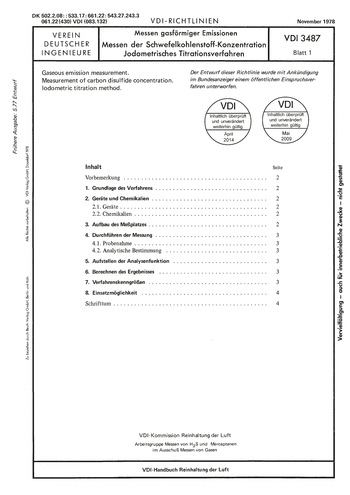 Produktabbildung: Messen gasförmiger Emissionen; Messen der Schwefelkohlenstoff-Konzentration; Jodometrisches Titrationsverfahren