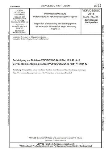 Produktabbildung: Prüfmittelüberwachung - Prüfanweisung für horizontale Längenmessgeräte, Berichtigung zur Richtlinie VDI/VDE/DGQ 2618 Blatt 17.1:2014-12