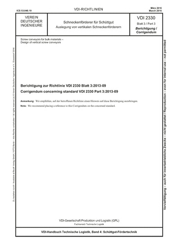 Produktabbildung: Schneckenförderer für Schüttgut - Auslegung von vertikalen Schneckenförderern - Berichtigung zur Richtlinie VDI 2330 Blatt 3:2013-09