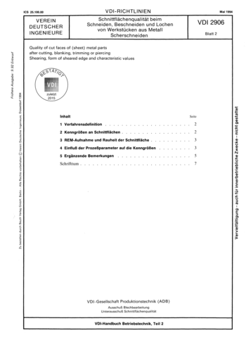 Produktabbildung: Schnittflächenqualität beim Schneiden, Beschneiden und Lochen von Werkstücken aus Metall; Scherschneiden