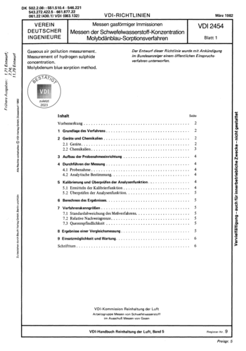 Produktabbildung: Messen gasförmiger Immissionen; Messen der Schwefelwasserstoff-Konzentration; Molybdänblau-Sorptionsverfahren