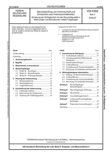 Produktabbildung: Geruchsprüfung von Innenraumluft und Emissionen aus Innenraummaterialien - Erhebung der Zufriedenheit mit der Raumluftqualität in Wohnungen und Büroräumen mittels Fragebogen