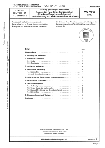 Produktabbildung: Messung gasförmiger Immissionen; Messen der Fluor-Ionen-Konzentration; Silberkugel-Sorptionsverfahren mit Vorabscheidung und elektrometrischem Nachweis