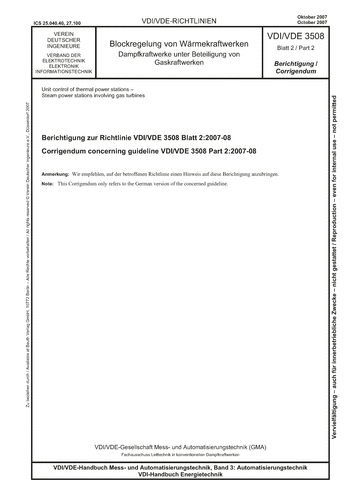 Produktabbildung: Blockregelung von Wärmekraftwerken - Dampfkraftwerke unter Beteiligung von Gasturbinen; Berichtigung zur Richtlinie VDI/VDE 3508 Blatt 2:2007-08