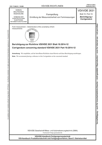 Produktabbildung: Formprüfung - Ermittlung der Messunsicherheit von Formmessungen - Berichtigung zur Richtlinie VDI/VDE 2631 Blatt 10:2014-12