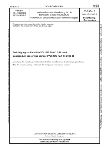 Produktabbildung: Verbrauchskostenabrechnung für die technische Gebäudeausrüstung - Verfahren zur Berücksichtigung der Rohrwärmeabgabe - Berichtigung zur Richtlinie VDI 2077 Blatt 3.5:2018-05