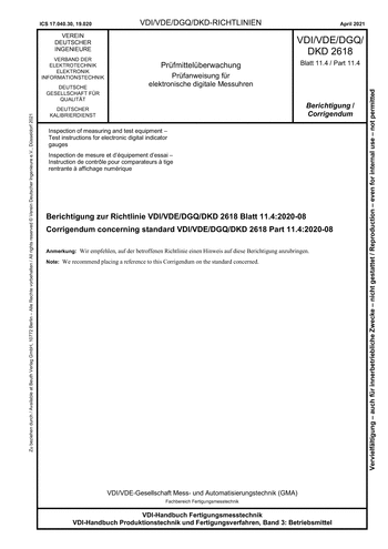 Produktabbildung: Prüfmittelüberwachung - Prüfanweisung für elektronische digitale Messuhren, Berichtigung zur Richtlinie VDI/VDE/DGQ/DKD 2618 Blatt 11.4:2020-08