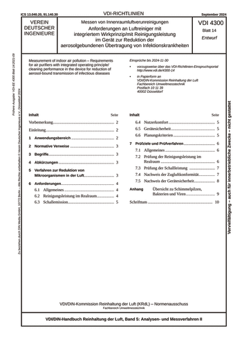 Produktabbildung: Messen von Innenraumluftverunreinigungen - Anforderungen an Luftreiniger mit integriertem Wirkprinzip/mit Reinigungsleistung im Gerät zur Reduktion der aerosolgebundenen Übertragung von Infektionskrankheiten