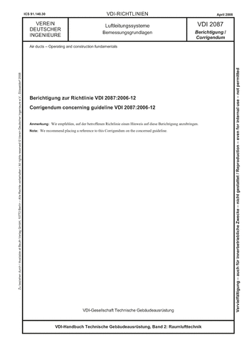 Produktabbildung: Luftleitungssysteme - Bemessungsgrundlagen - Berichtigung zur Richlinie VDI 2087:2006-12