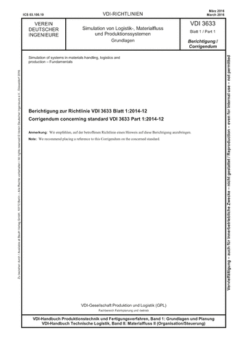 Produktabbildung: Simulation von Logistik-, Materialfluss- und Produktionssystemen - Grundlagen - Berichtigung zur Richtlinie VDI 3633 Blatt 1:2014-12