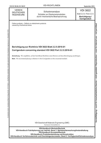 Produktabbildung: Schadensanalyse - Schäden an Elastomerprodukten durch mechanische Beanspruchung - Berichtigung zur Richtlinie VDI 3822 Blatt 2.2.5:2016-01