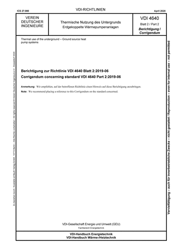 Produktabbildung: Thermische Nutzung des Untergrunds - Erdgekoppelte Wärmepumpenanlage, Berichtigung zur Richtlinie VDI 4640 Blatt 2:2019-06