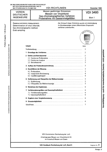 Produktabbildung: Messen gasförmiger Emissionen; Messen von Vinylchlorid; Gas-chromatographisches Verfahren; Probenahme mit Gassammelgefäßen