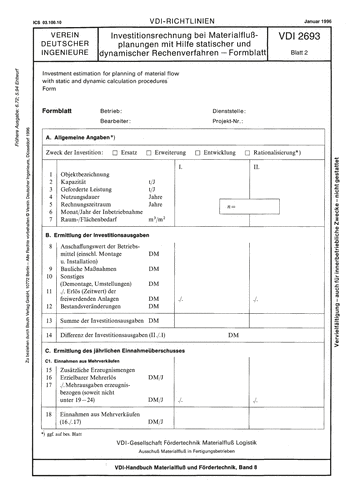 Produktabbildung: Investitionsrechnung bei Materialflußplanungen mit Hilfe statischer und dynamischer Rechenverfahren - Formblatt