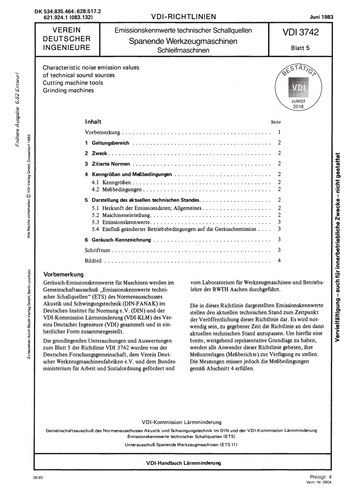 Produktabbildung: Emissionskennwerte technischer Schallquellen; Spanende Werkzeugmaschinen; Schleifmaschinen