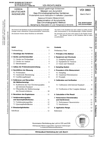 Produktabbildung: Messen gasförmiger Emissionen; Messen von Acrylnitril; Gas-Chromatographisches Verfahren; Probenahme durch Absorption in tiefkalten Lösemitteln