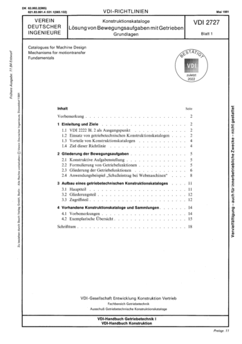 Produktabbildung: Konstruktionskataloge; Lösung von Bewegungsaufgaben mit Getrieben; Grundlagen