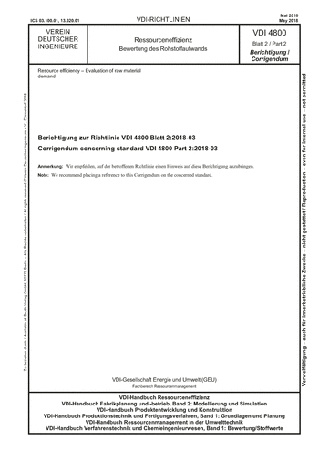 Produktabbildung: Ressourceneffizienz - Bewertung des Rohstoffaufwands - Berichtigung zur Richtlinie VDI 4800 Blatt 2:2018-03