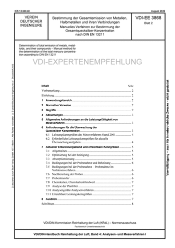 Produktabbildung: Bestimmung der Gesamtemission von Metallen, Halbmetallen und ihren Verbindungen - Manuelles Verfahren zur Bestimmung der Gesamtquecksilber-Konzentration nach DIN EN 13211