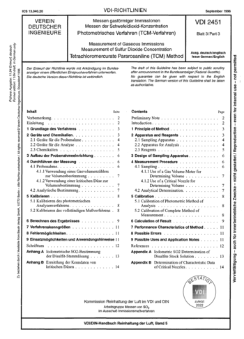 Produktabbildung: Messen gasförmiger Immissionen - Messen der Schwefeldioxid-Konzentration - Photometrisches Verfahren (TCM-Verfahren)