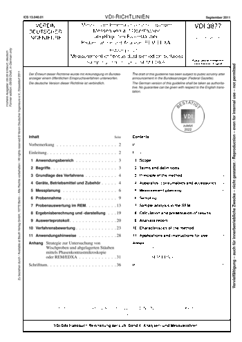 Produktabbildung: Messen von Innenraumverunreinigungen - Messen von auf Oberflächen abgelagerten Faserstäuben - Probennahme und Analyse (REM/EDXA)