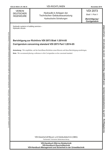 Produktabbildung: Hydraulik in Anlagen der Technischen Gebäudeausrüstung - Hydraulische Schaltungen - Berichtigung zur Richtlinie VDI 2073 Blatt 1:2014-05