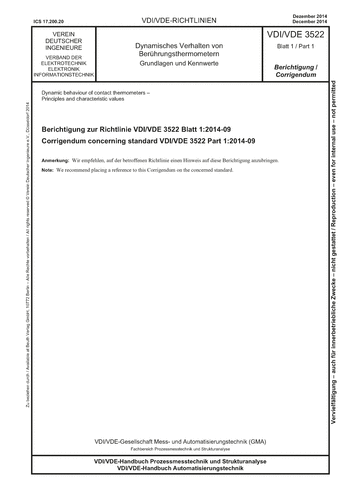 Produktabbildung: Dynamisches Verhalten von Berührungsthermometern - Grundlagen und Kennwerte - Berichtigung zur Richtlinie VDI/VDE 3522 Blatt 1:2014-09