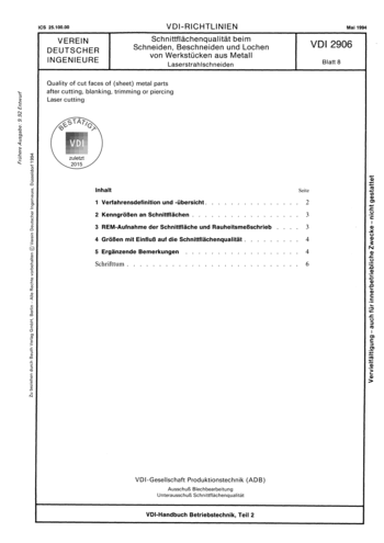 Produktabbildung: Schnittflächenqualität beim Schneiden, Beschneiden und Lochen von Werkstücken aus Metall; Laserstrahlschneiden