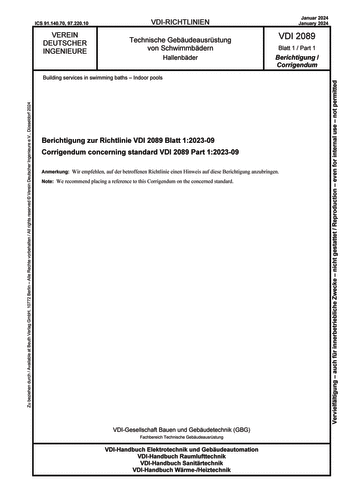 Produktabbildung: Technische Gebäudeausrüstung von Schwimmbädern - Hallenbäder - Berichtigung zur Richtlinie VDI 2089 Blatt 1:2023-09