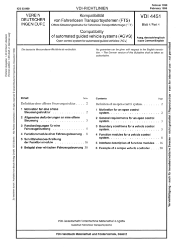 Produktabbildung: Kompatibilität von fahrerlosen Transportsystemen (FTS) - Offene Steuerungsstruktur für Fahrerlose Transportfahrzeuge (FTF)