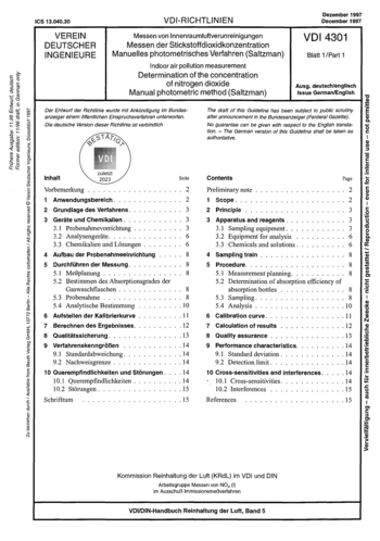 Produktabbildung: Messen von Innenraumluftverunreinigungen - Messen der Stickstoffdioxidkonzentration - Manuelles photometrisches Verfahren (Saltzman)