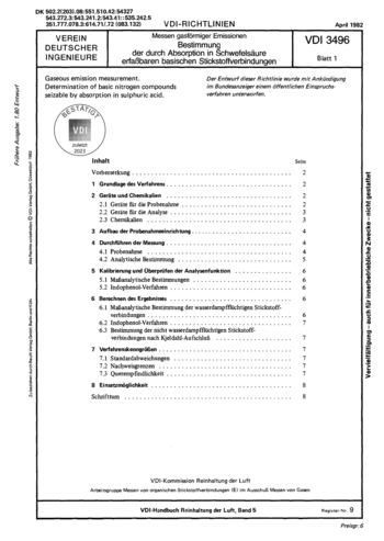 Produktabbildung: Messen gasförmiger Emissionen; Bestimmung der durch Absorption in Schwefelsäure erfaßbaren basischen Stickstoffverbindungen