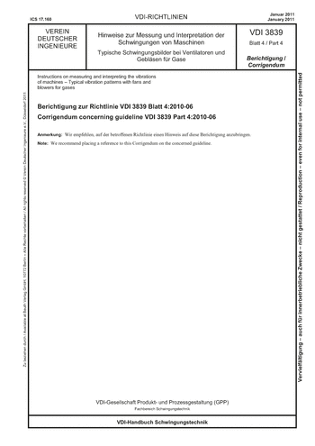 Produktabbildung: Hinweise zur Messung und Interpretation der Schwingungen von Maschinen - Typische Schwingungsbilder bei Ventilatoren und Gebläsen für Gase, Berichtigung zur Richtlinie VDI 3839 Blatt 4:2010-06