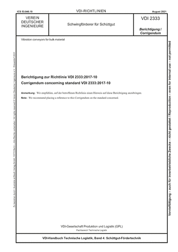 Produktabbildung: Schwingförderer für Schüttgut - Berichtigung zur Richtlinie VDI 2333:2017-10