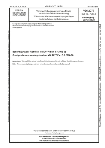 Produktabbildung: Verbrauchskostenabrechnung für die technische Gebäudeausrüstung - Wärme- und Warmwasserversorgungsanlagen - Kostenaufteilung bei Solaranlagen - Berichtigung zur Richtlinie VDI 2077 Blatt 3.3:2016-08