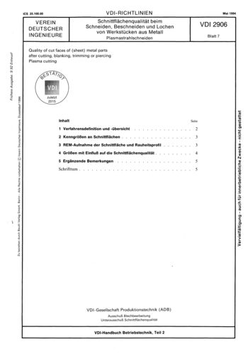 Produktabbildung: Schnittflächenqualität beim Schneiden, Beschneiden und Lochen von Werkstücken aus Metall; Plasmastrahlschneiden