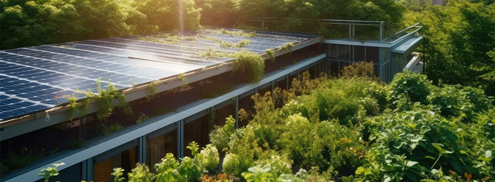 © mindscapephotos / stock.adobe.com Modernes Gebäude mit üppigem begrüntem Dach und Solarpanelen, umgeben von Bäumen und städtischen Gebäuden.